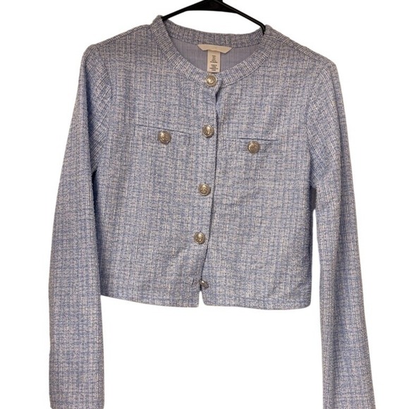 H&M Jackets & Blazers - H&M Cropped Tweed Blazer Jacket Light Blue Silver Button Women Small